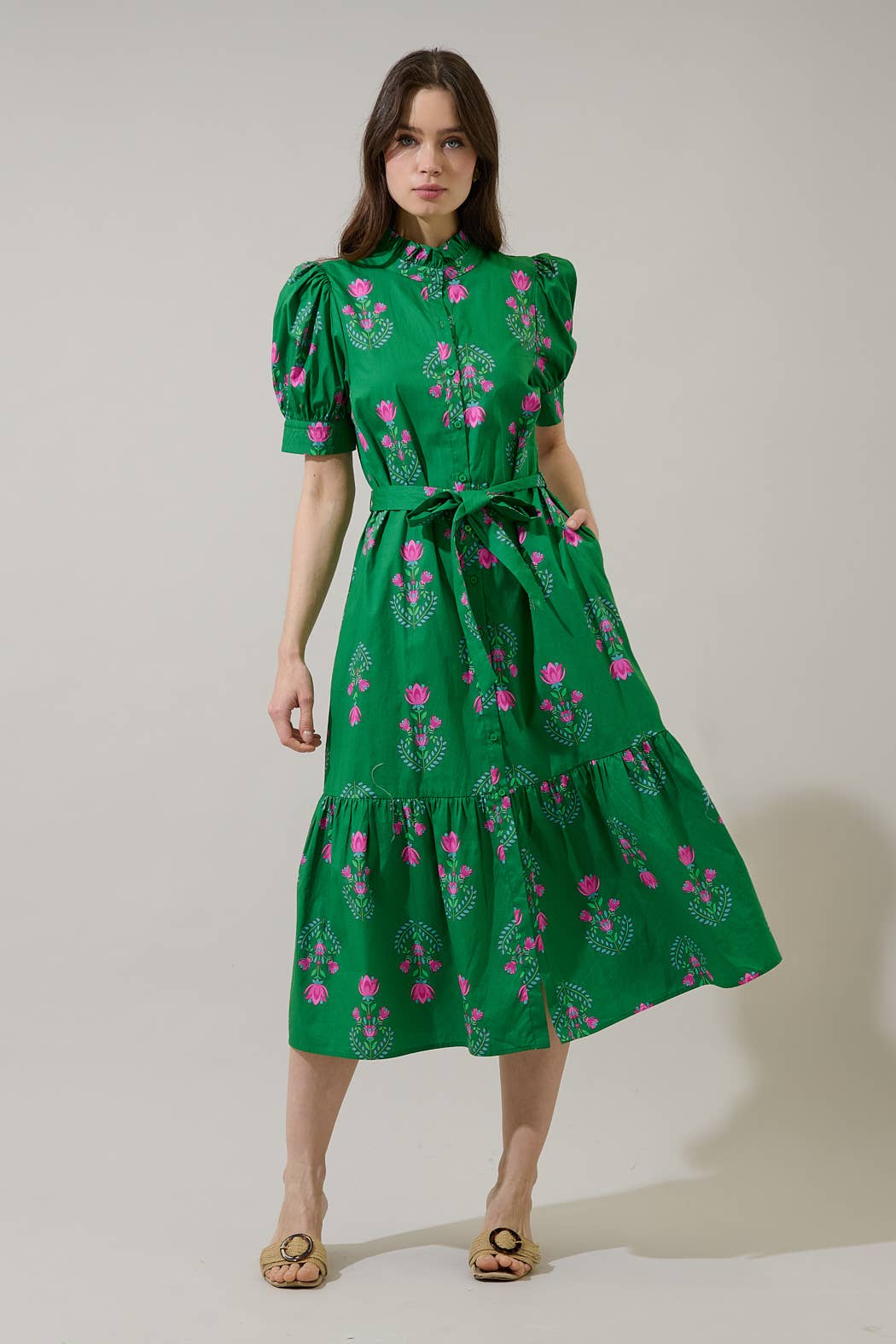 Giles Button Up Midi Dress Saura Floral: GRN-PINKS