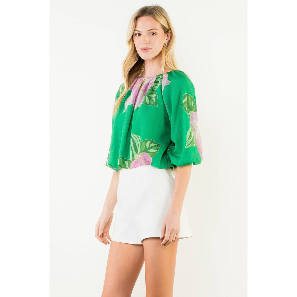 Floral Print Elastic Neck Bubble Top