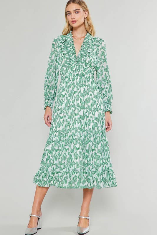 Ruffled Elasticated W/ Smocked Waist Midi Dress