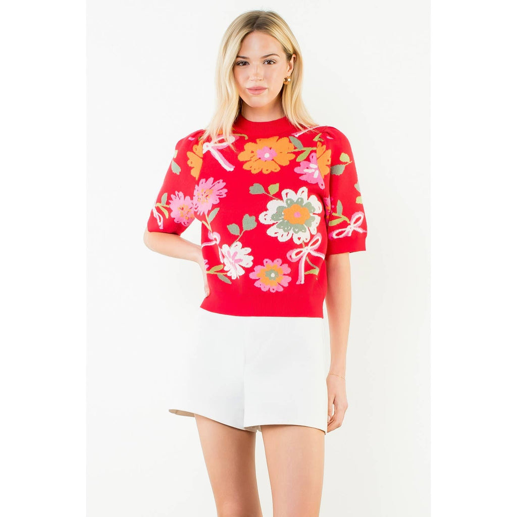 Short Sleeve Floral Detail Knit Top in poppin' Red