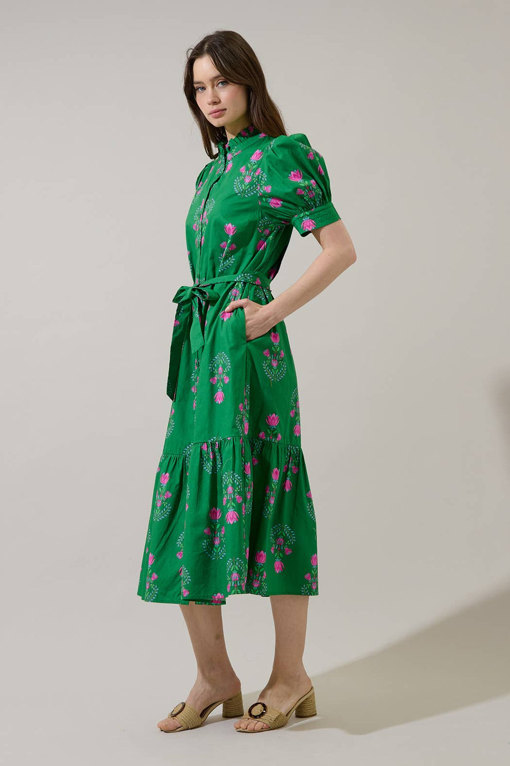 Giles Button Up Midi Dress Saura Floral: GRN-PINKS
