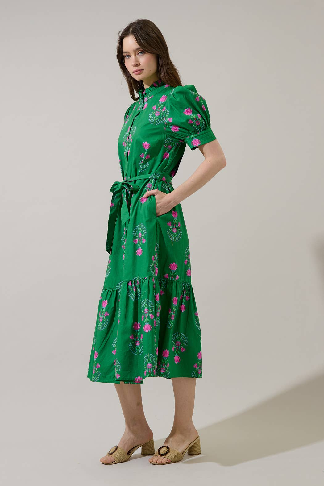 Giles Button Up Midi Dress Saura Floral: GRN-PINKS
