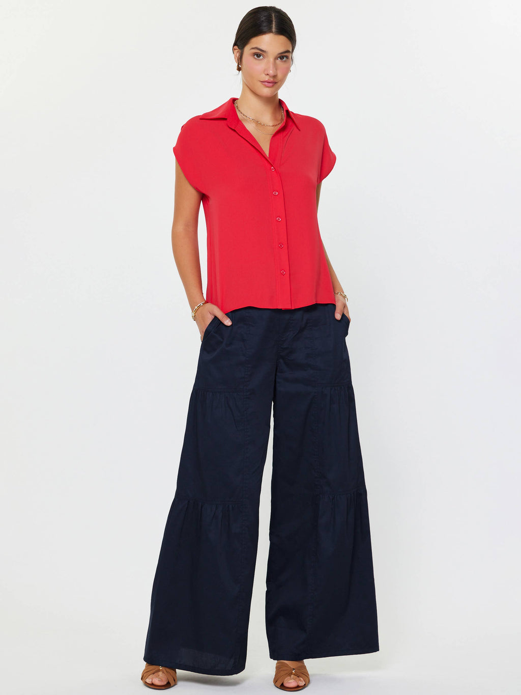 Cap Sleeve Button-down Blouse: Red