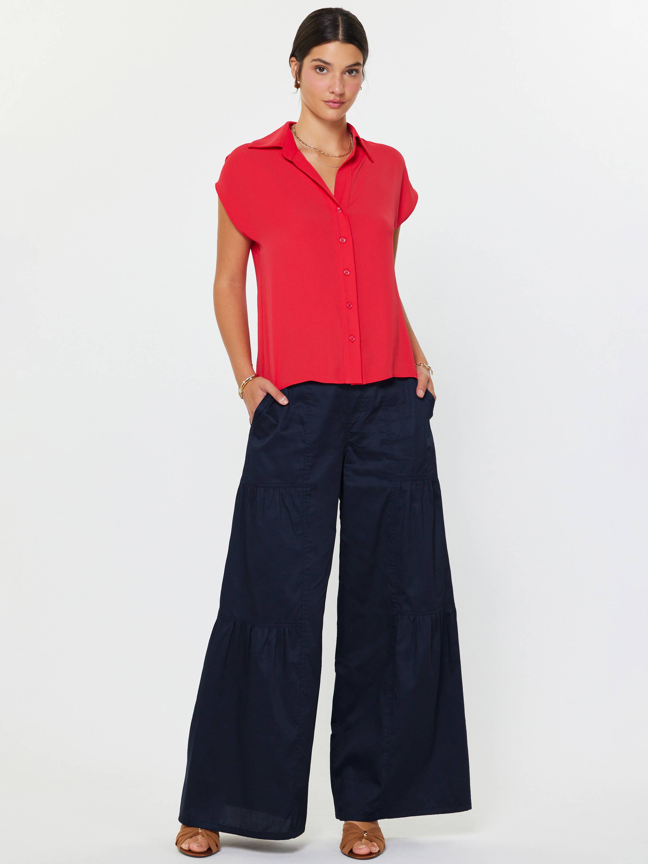 Cap Sleeve Button-down Blouse: Red