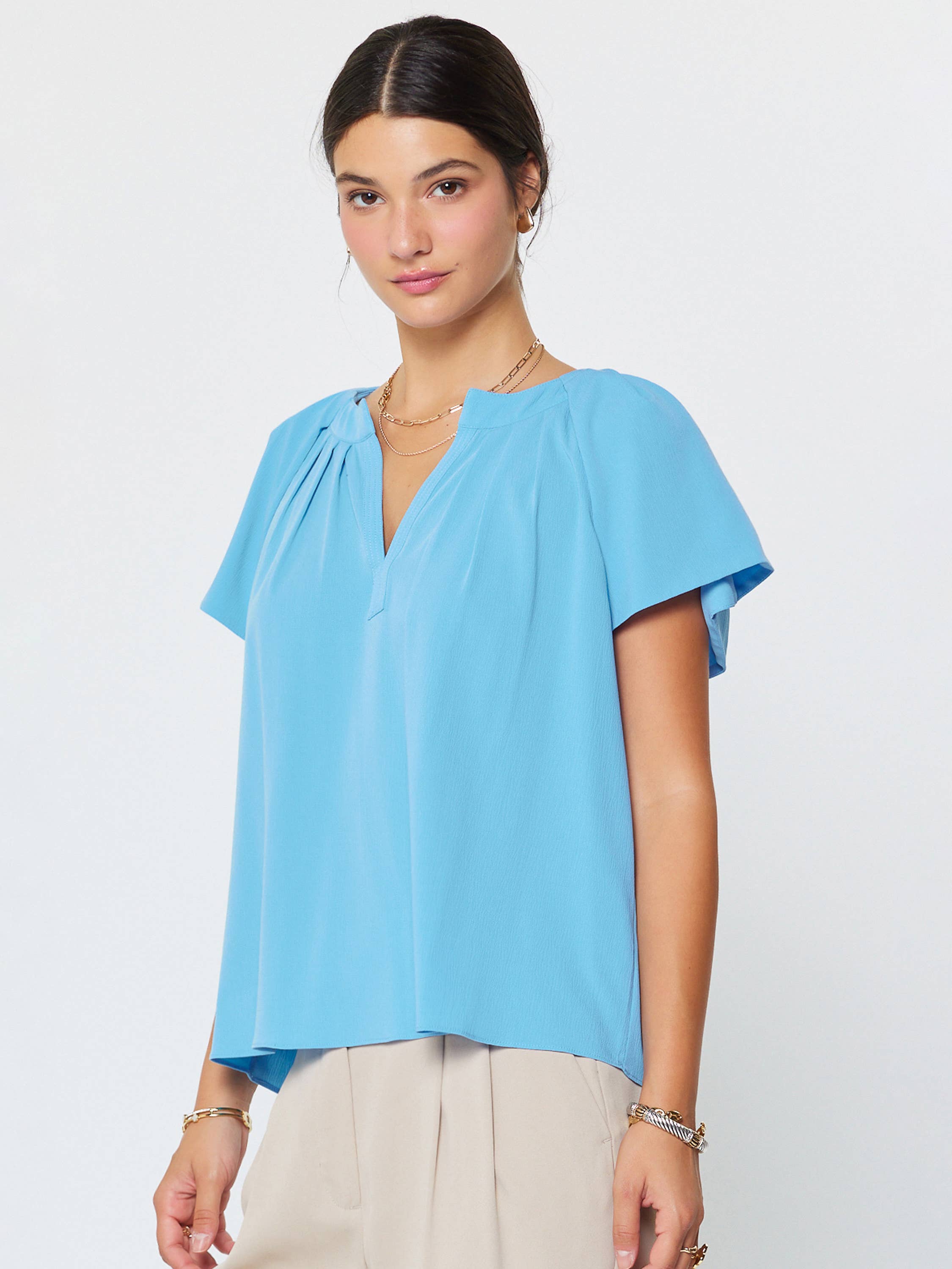 Pleated Neckline & Sleeve Detail Blouse: Faded Blue