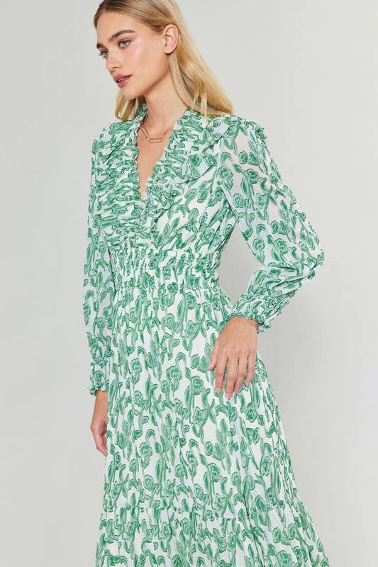 Ruffled Elasticated W/ Smocked Waist Midi Dress