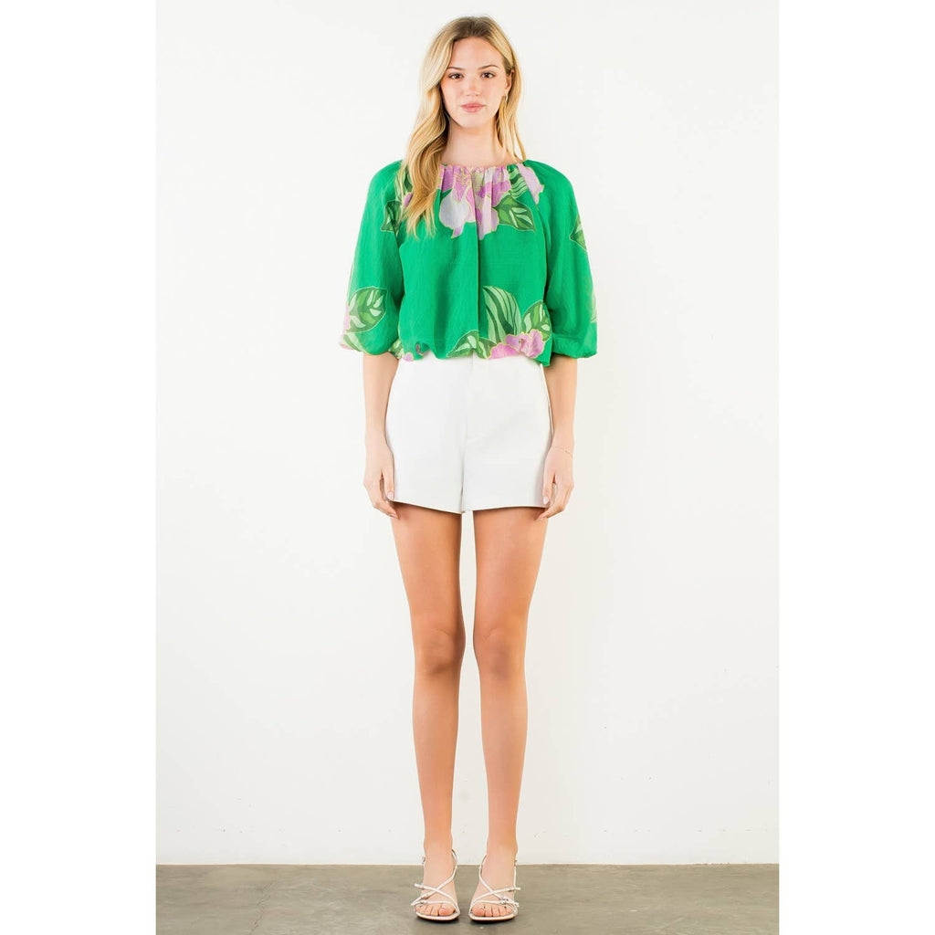 Floral Print Elastic Neck Bubble Top