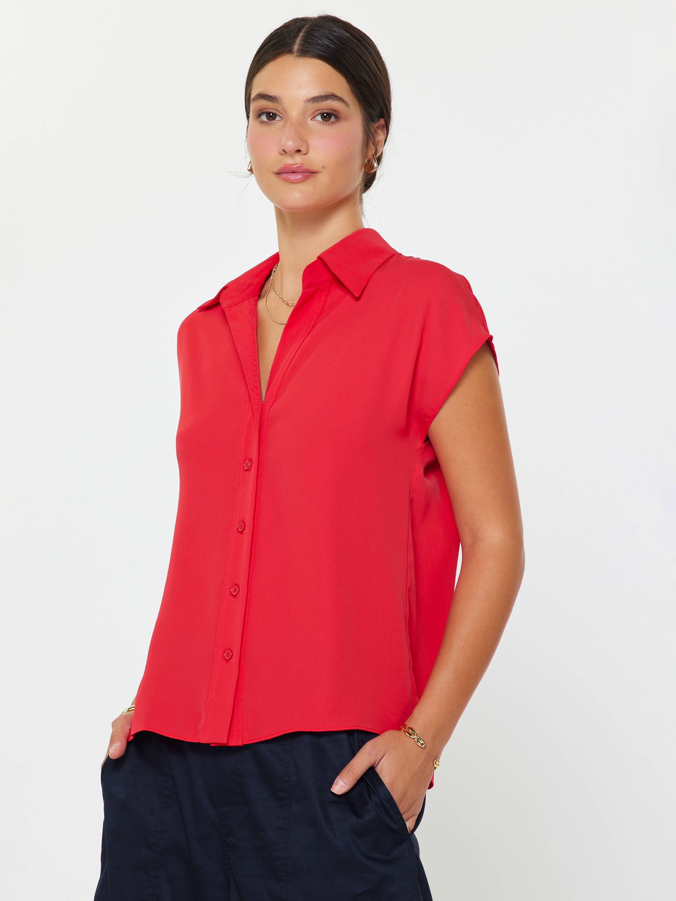 Cap Sleeve Button-down Blouse: Red