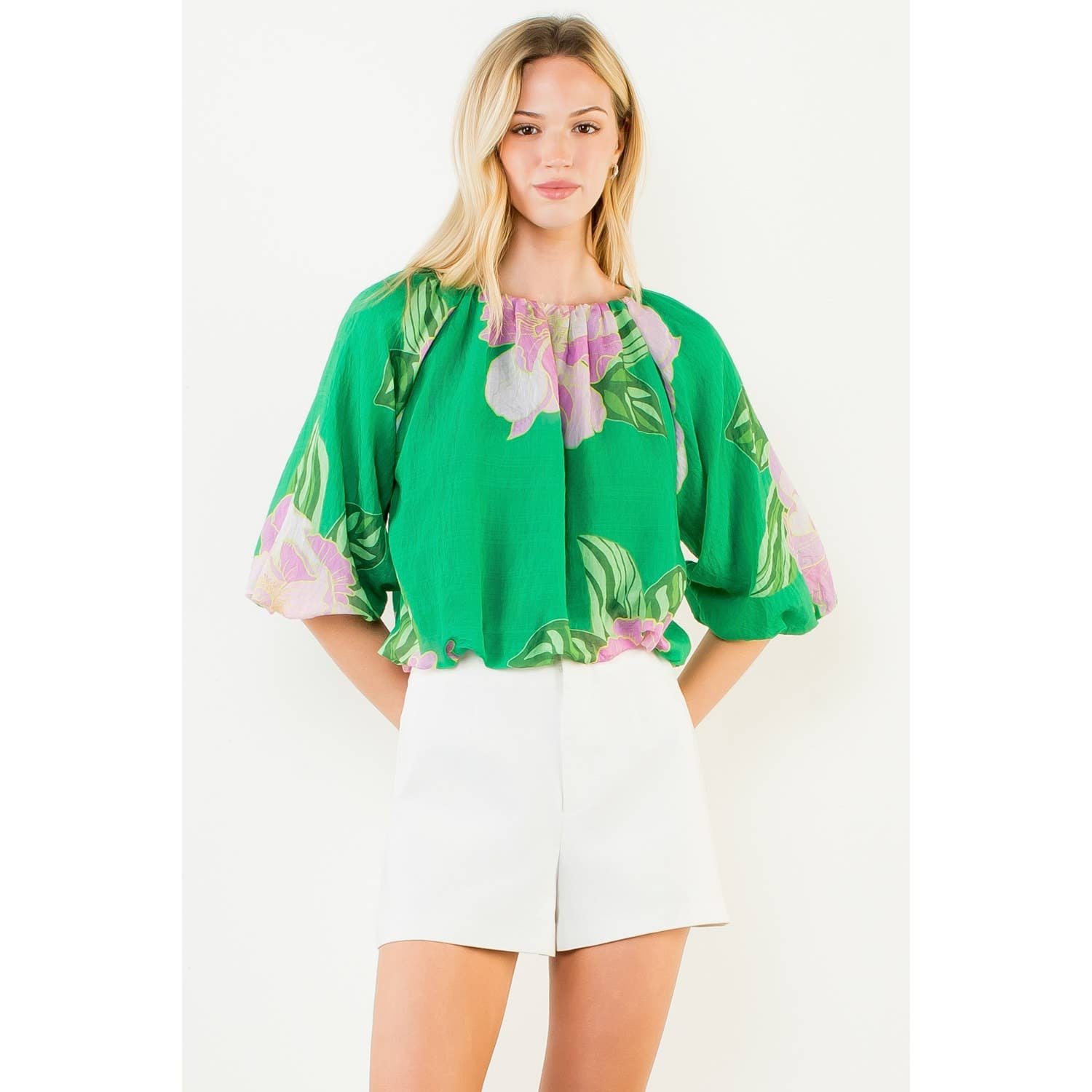 Floral Print Elastic Neck Bubble Top
