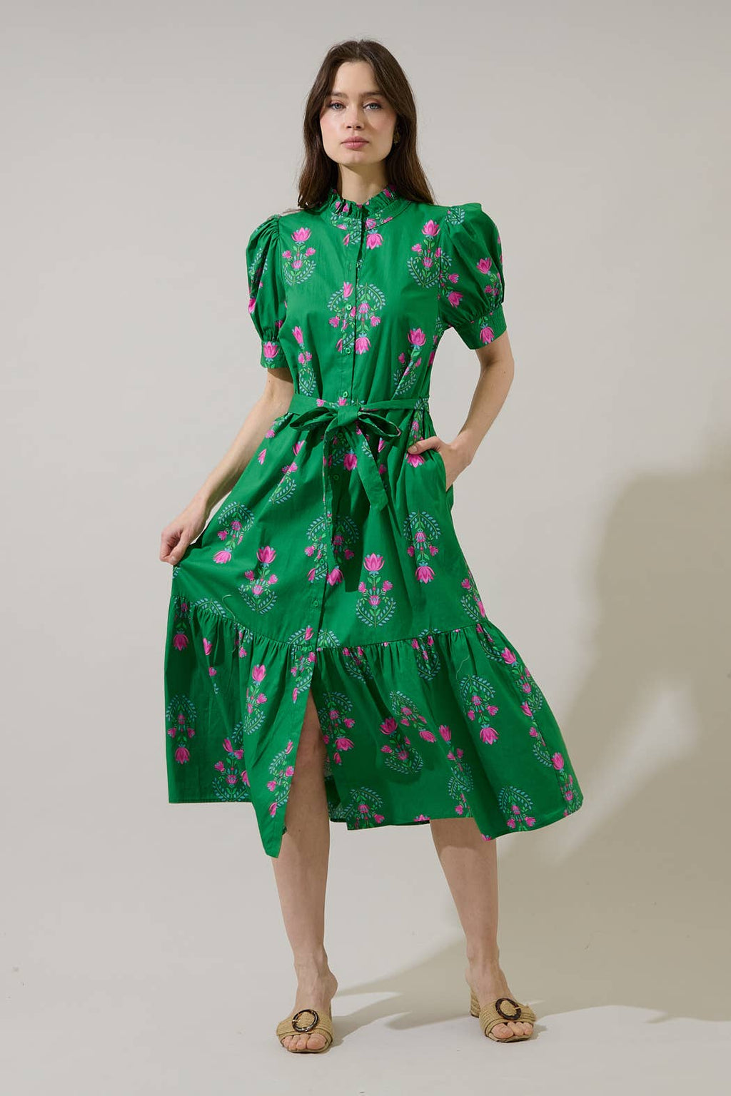 Giles Button Up Midi Dress Saura Floral: GRN-PINKS