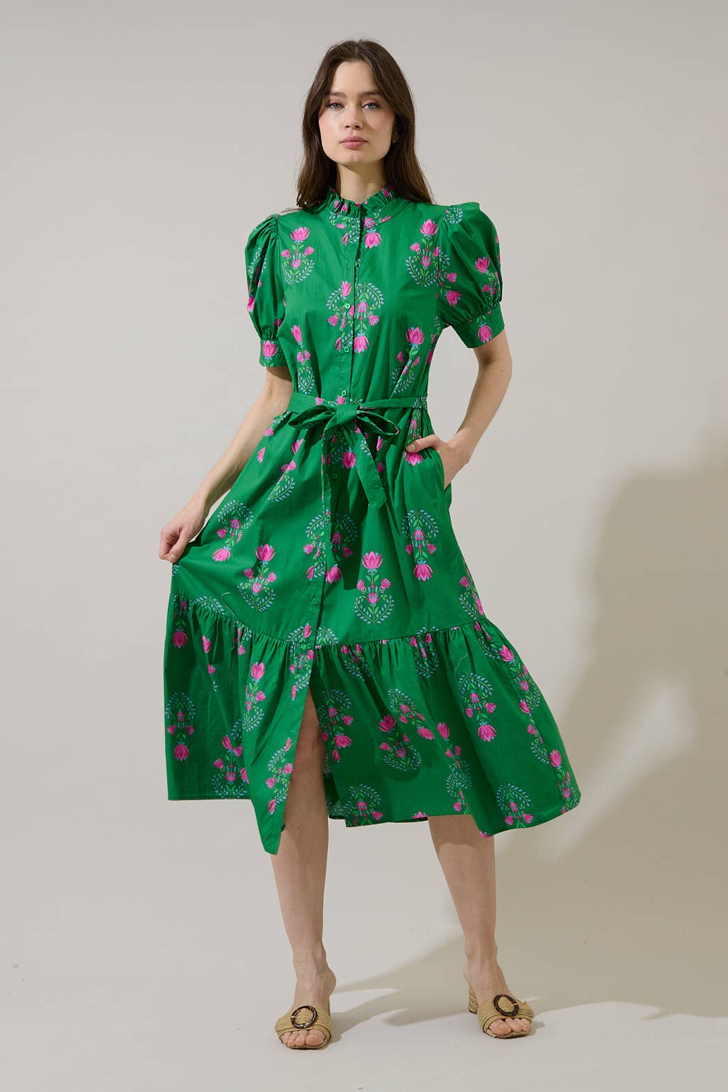 Giles Button Up Midi Dress Saura Floral: GRN-PINKS