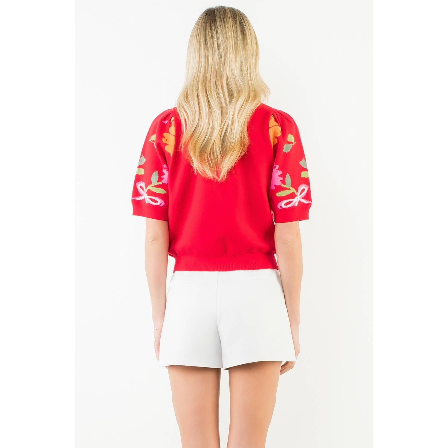 Short Sleeve Floral Detail Knit Top in poppin' Red