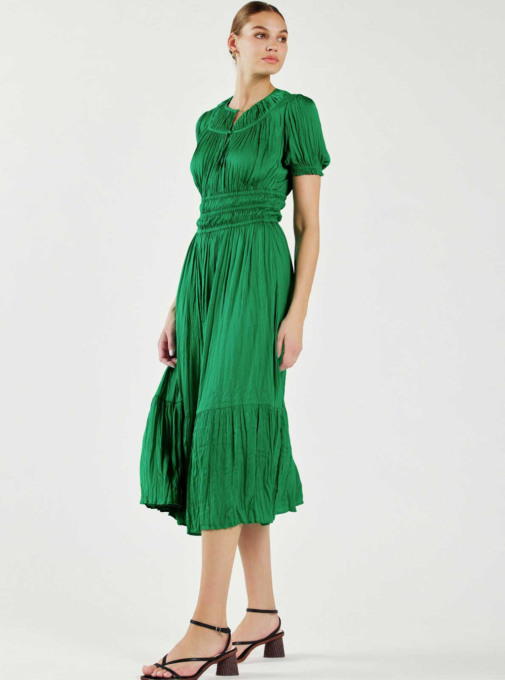 Crinkled Ruch Round Neck Midi Dress: Deep Spring Green