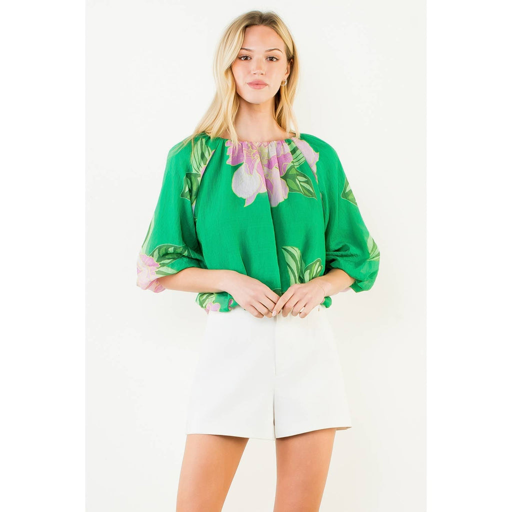Floral Print Elastic Neck Bubble Top