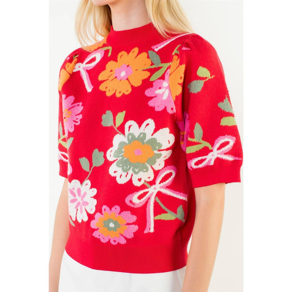 Short Sleeve Floral Detail Knit Top in poppin' Red