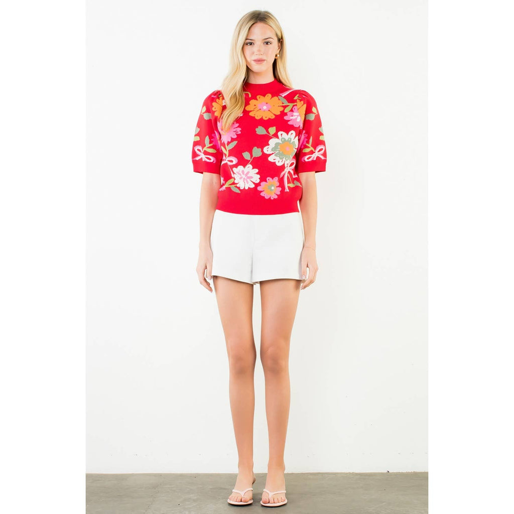 Short Sleeve Floral Detail Knit Top in poppin' Red