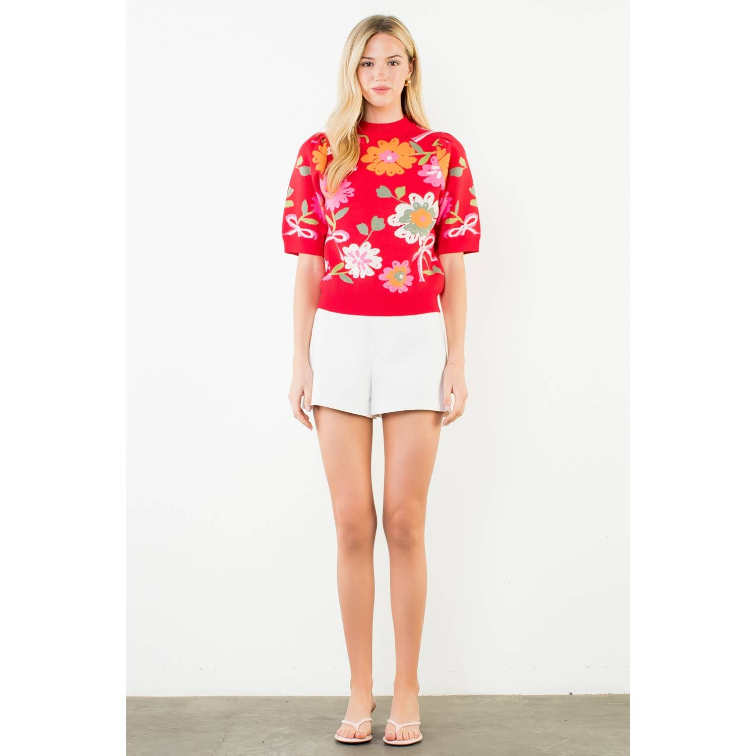 Short Sleeve Floral Detail Knit Top in poppin' Red