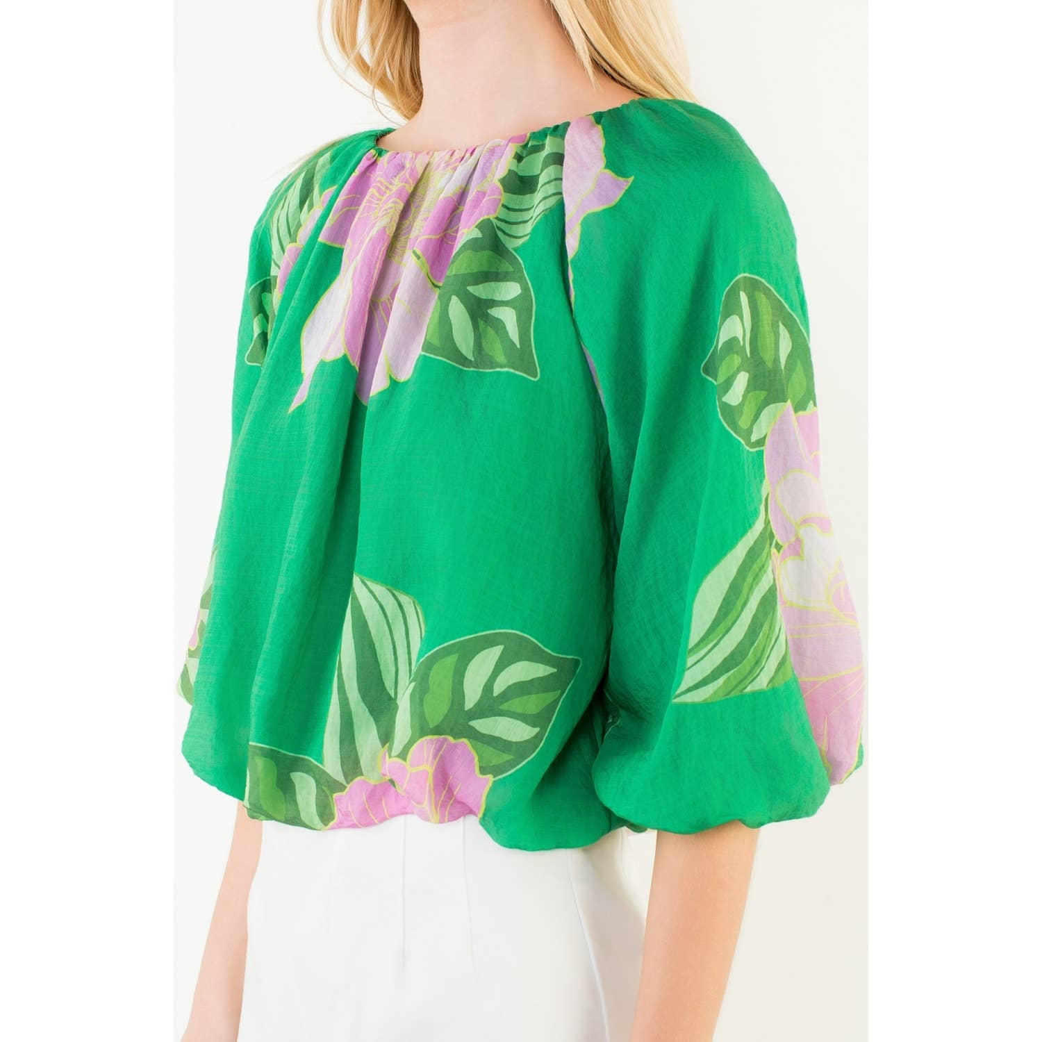 Floral Print Elastic Neck Bubble Top