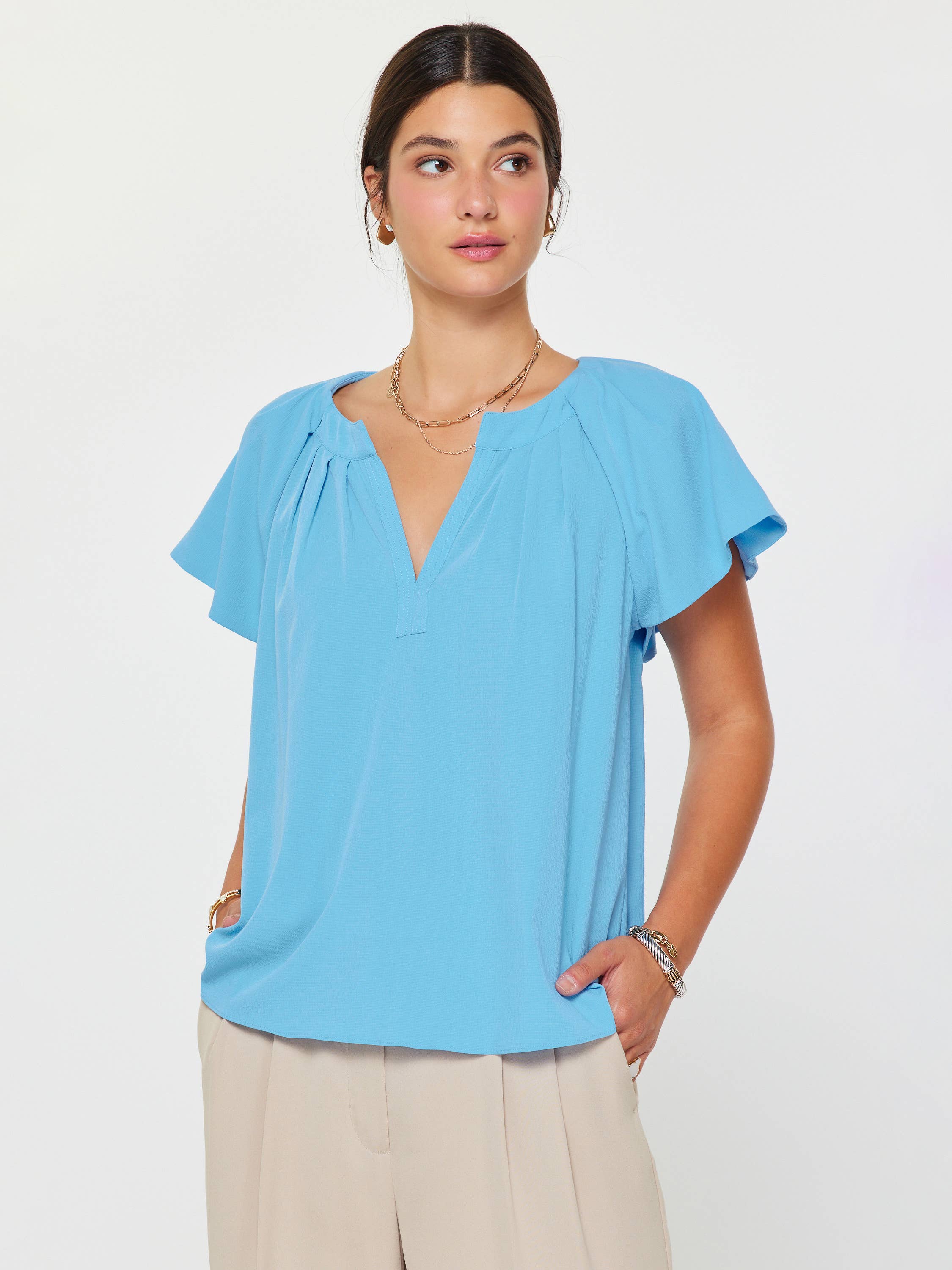 Pleated Neckline & Sleeve Detail Blouse: Faded Blue