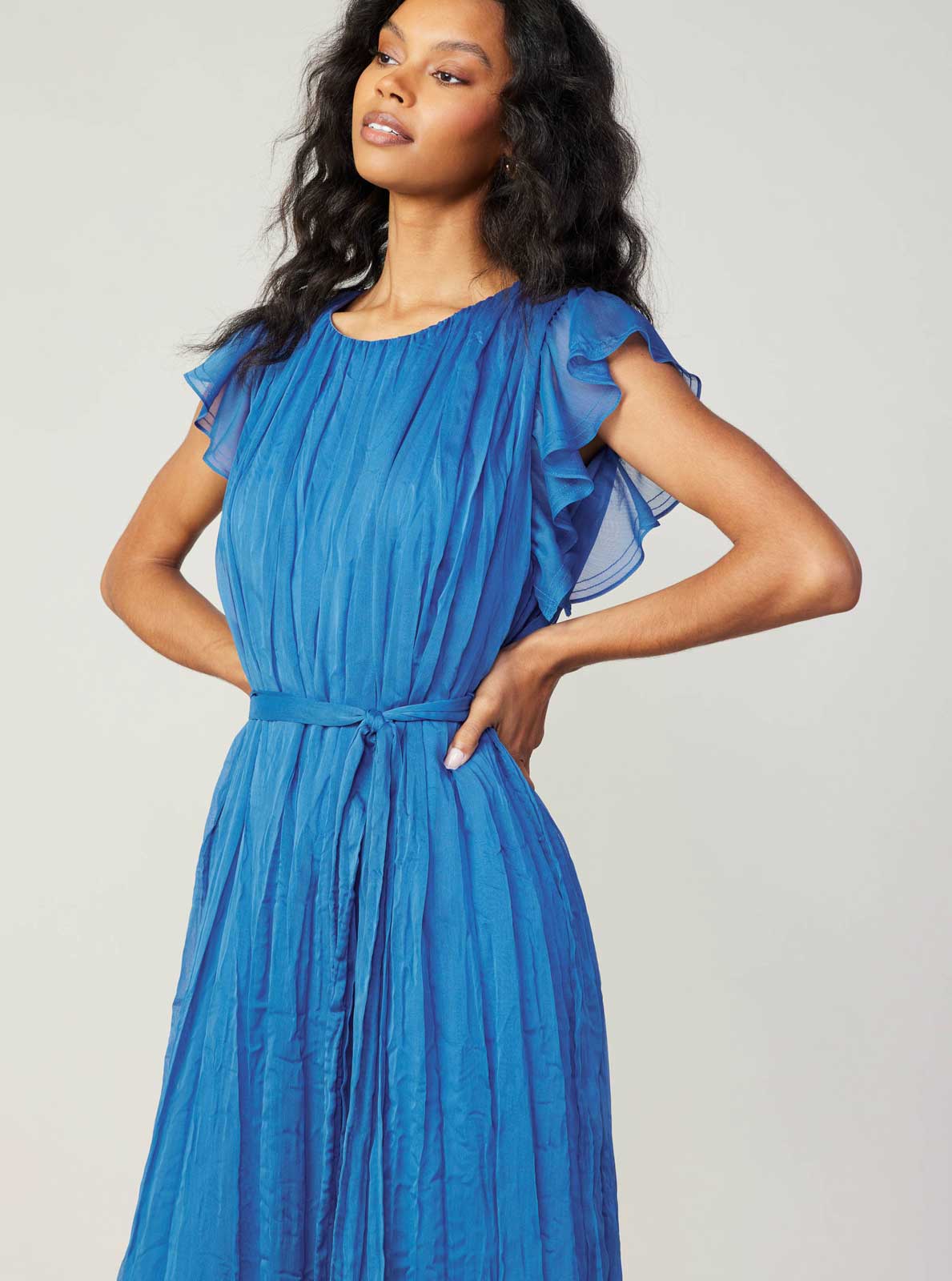 Flutter Sleeve Crinkle Dress: Azure Blue