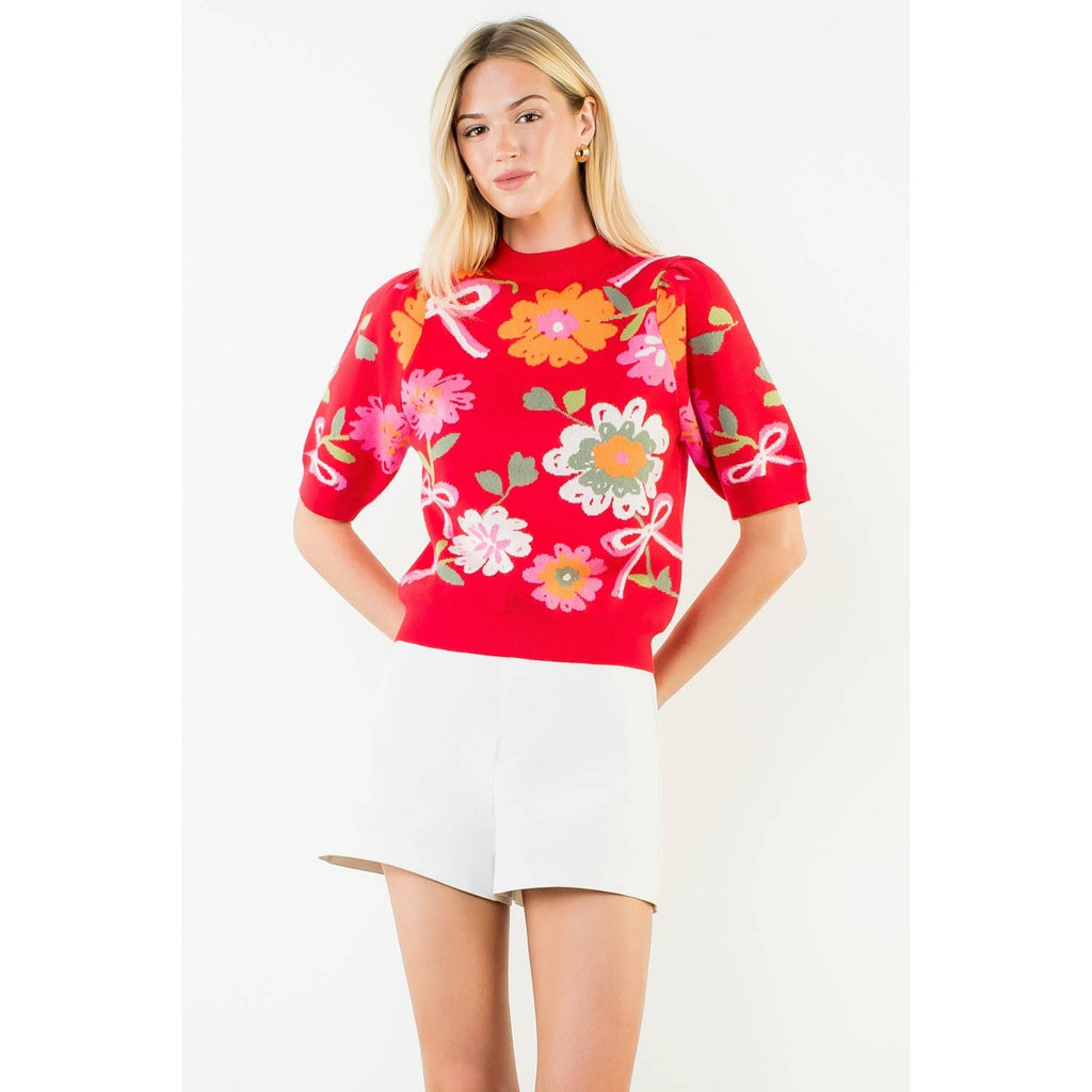 Short Sleeve Floral Detail Knit Top in poppin' Red