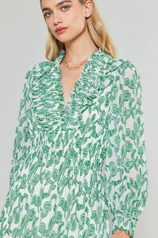 Ruffled Elasticated W/ Smocked Waist Midi Dress