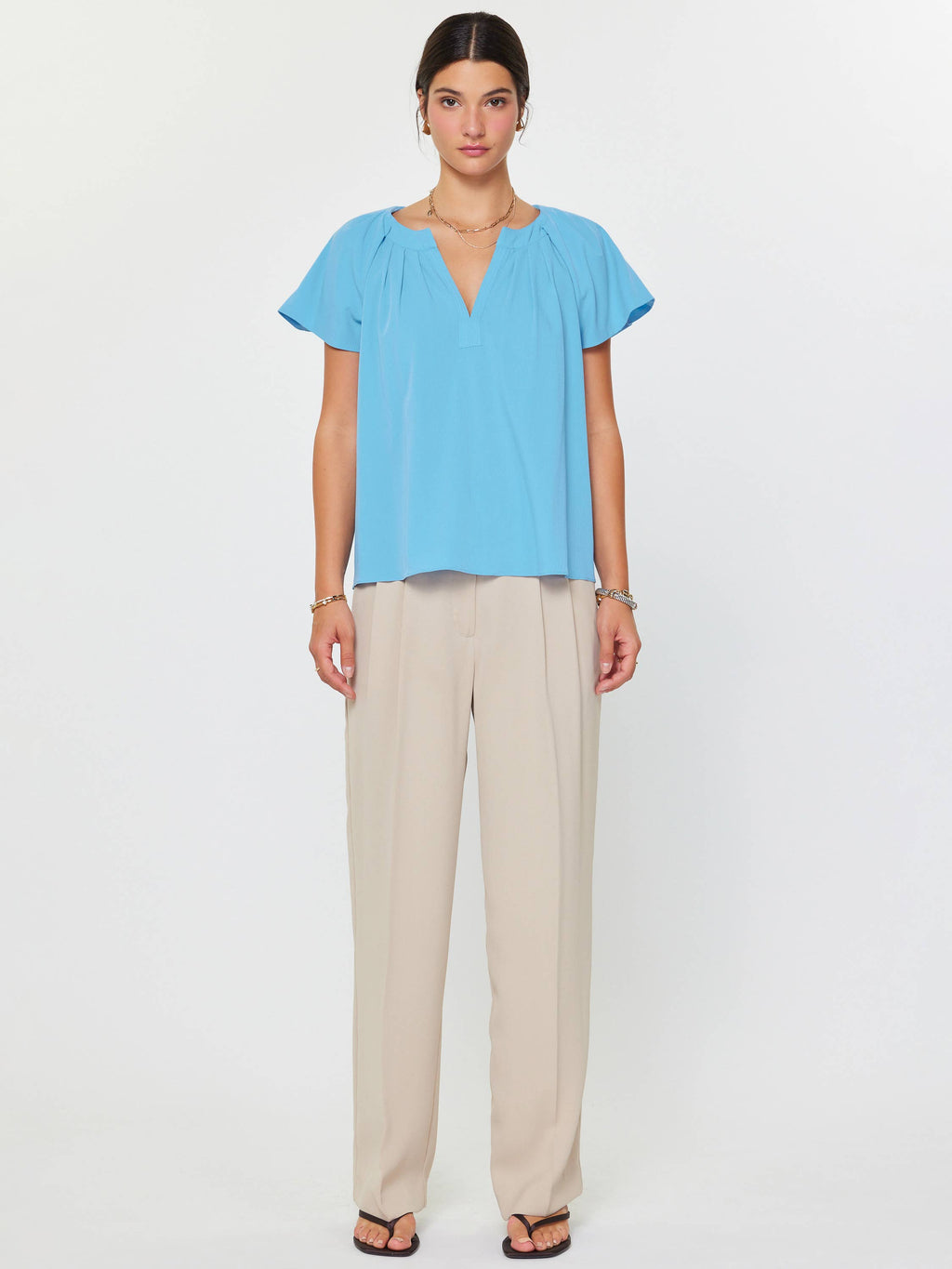 Pleated Neckline & Sleeve Detail Blouse: Faded Blue