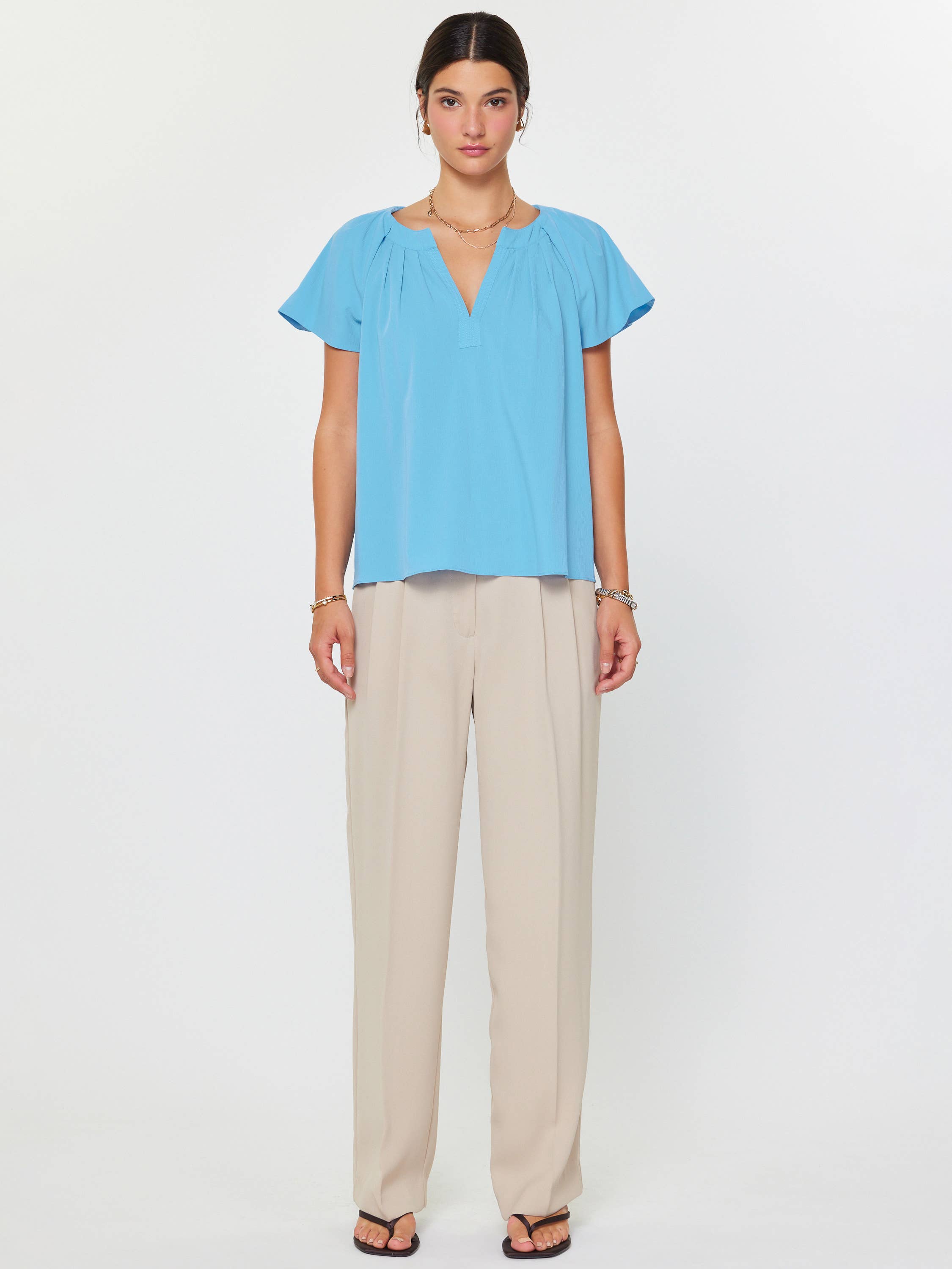 Pleated Neckline & Sleeve Detail Blouse: Faded Blue