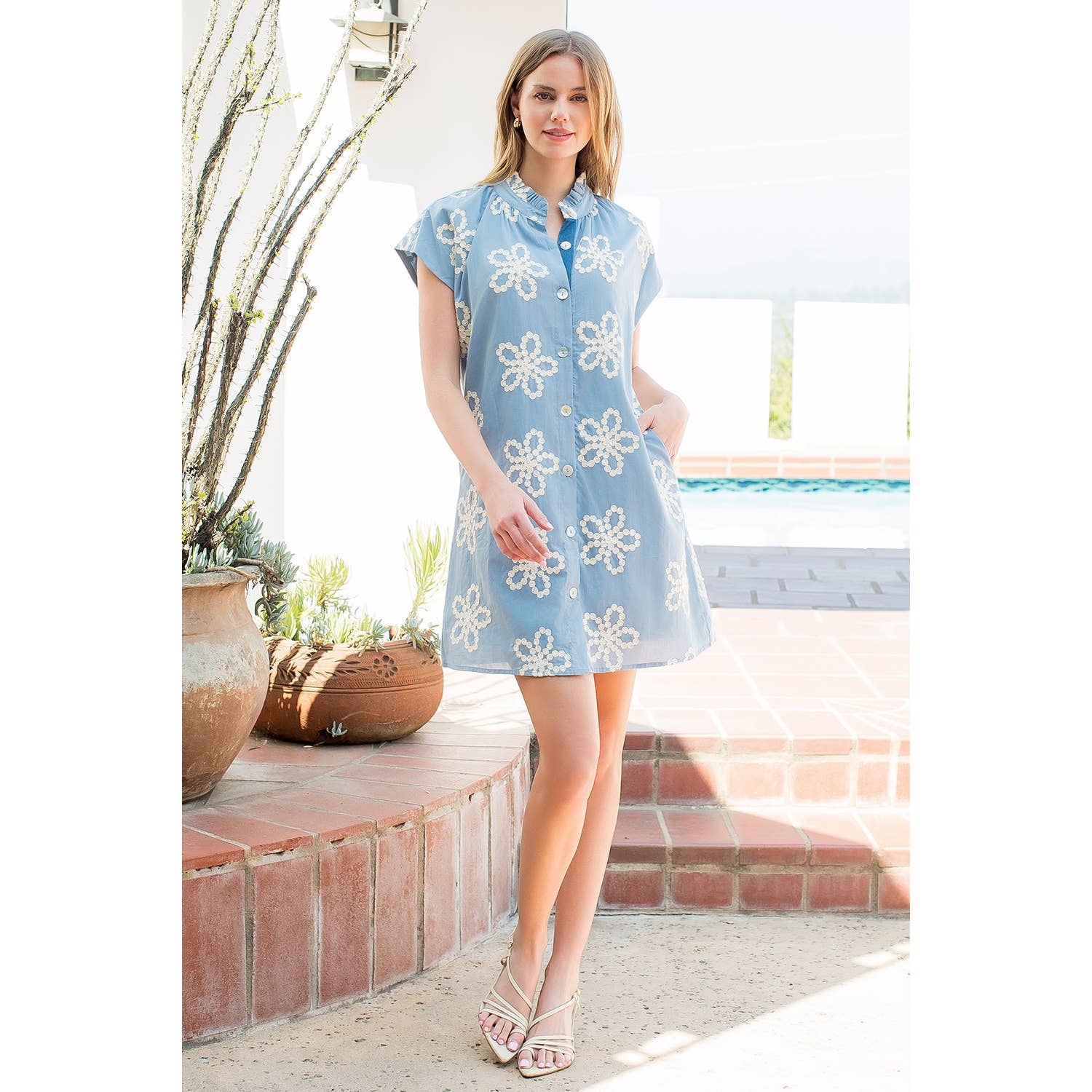 Embroidered Ruffle Collar Cap Sleeve Dress: BLUE