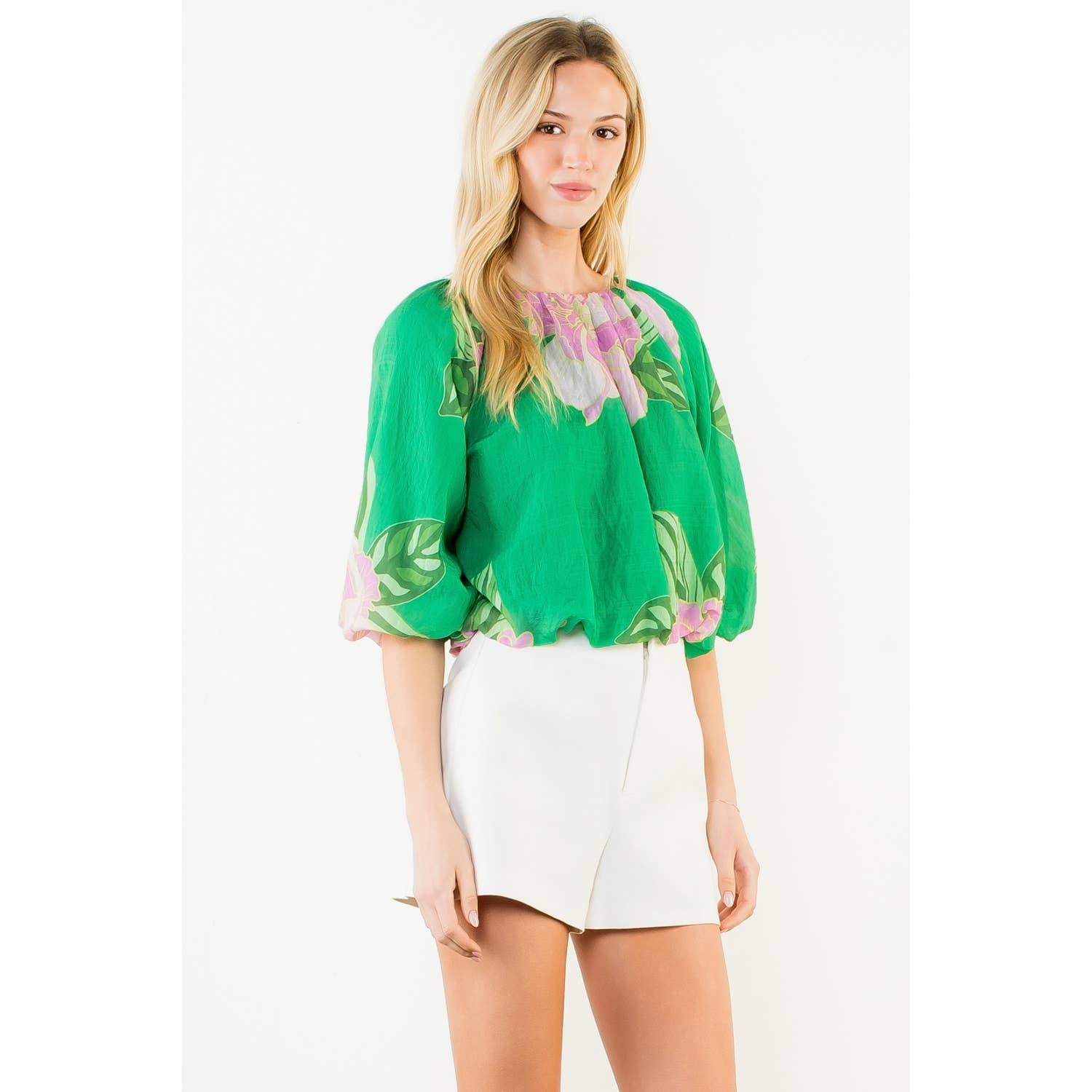 Floral Print Elastic Neck Bubble Top
